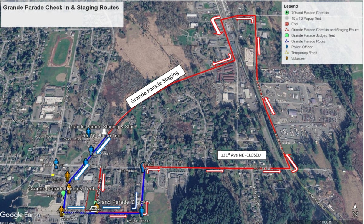 Grand Parade check-in and staging route map — Lake Stevens Aquafest 2026
