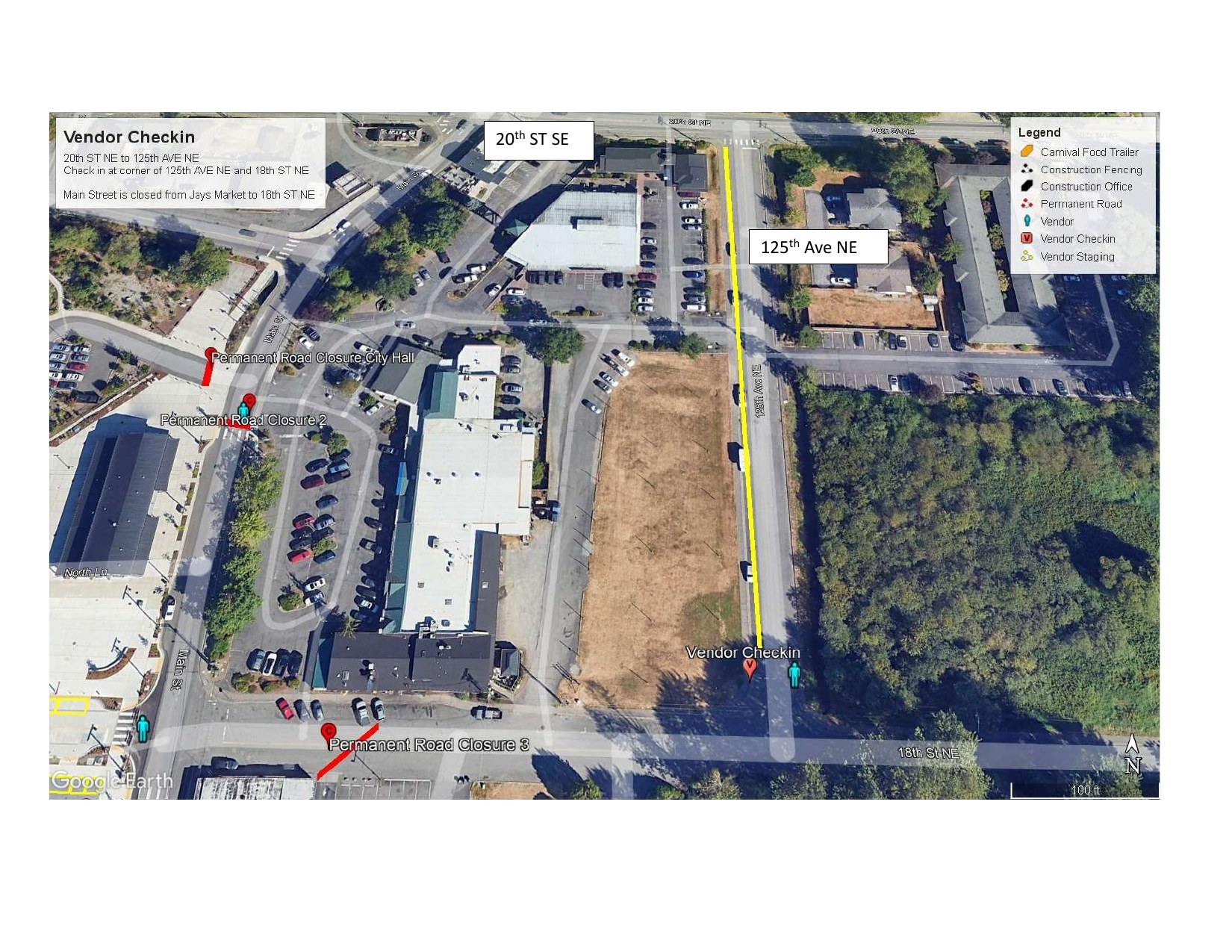 Vendor check-in map: stage on 125th Ave NE from 20th St SE; check-in booth at 125th Ave NE and 18th St NE; Main Street closed from Jays Market to 16th St NE